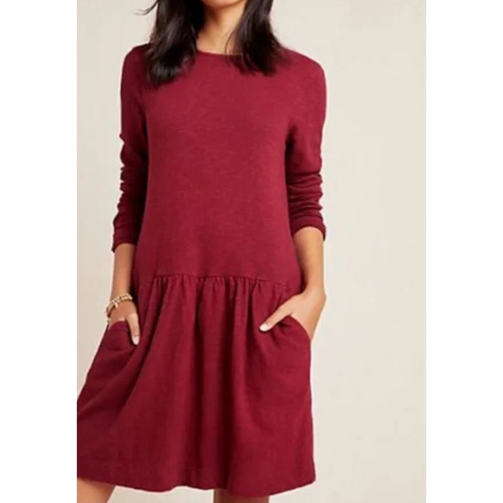 T.La Anthropologie Women's Melissa Drop-Waist Dress M Red Wine Long Sleeve